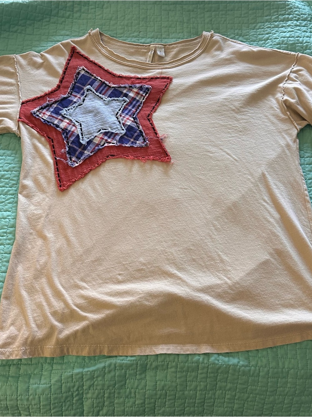 Cato Cream Short Sleeve Tee with Red & Blue Star Appliqué